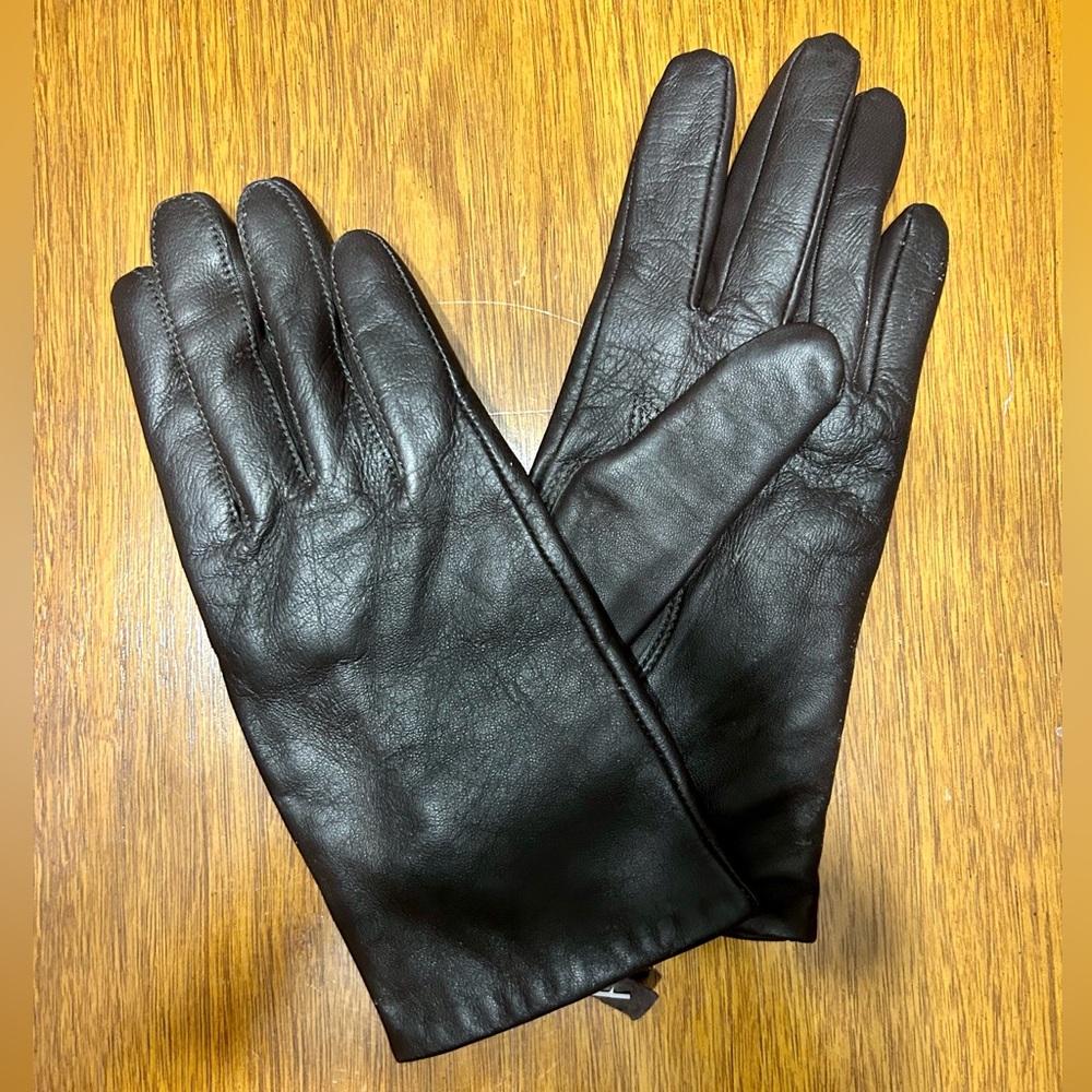 NWOT unworn dark brown leather gloves, wool/cashmere lining size L.
